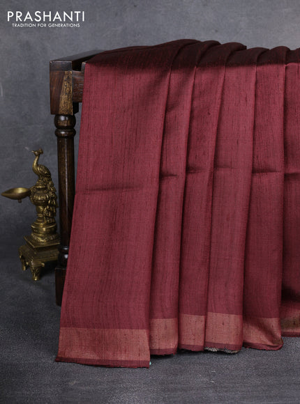 Pure dupion saree maroon and beige with plain body and madhubani printed pallu & blouse