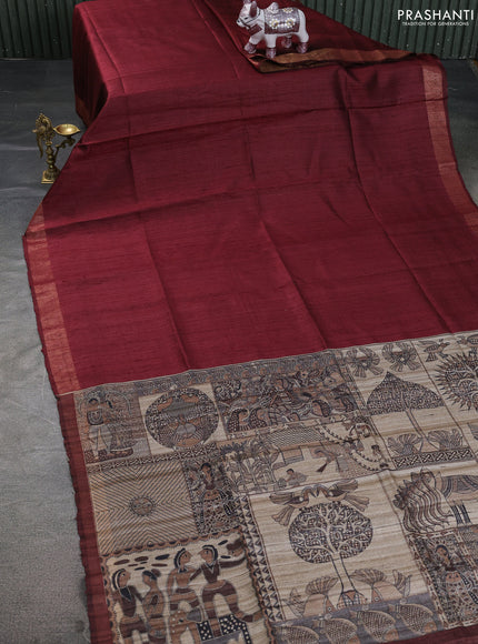 Pure dupion saree maroon and beige with plain body and madhubani printed pallu & blouse