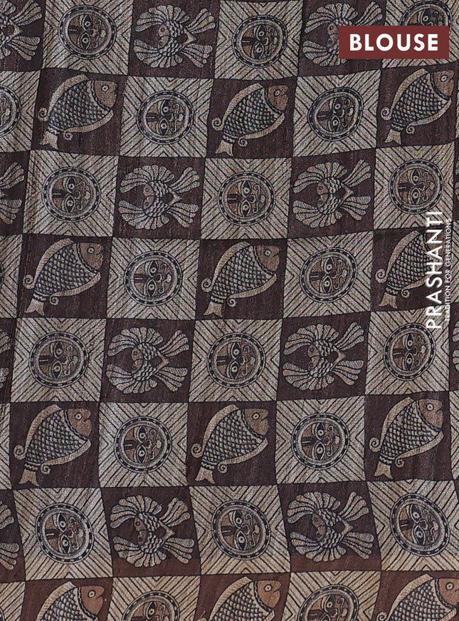 Pure dupion saree maroon and beige with plain body and madhubani printed pallu & blouse