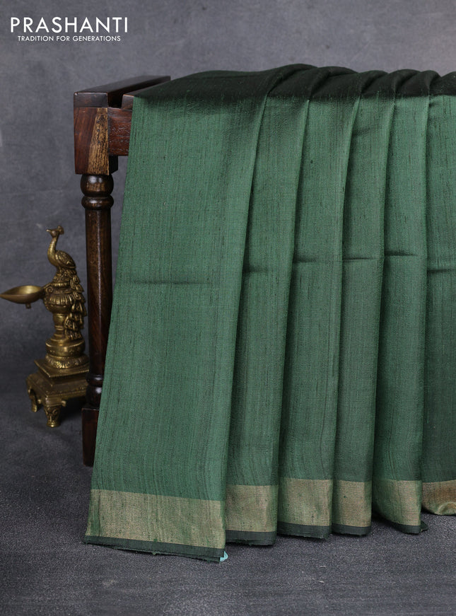 Pure dupion saree green and beige with plain body and kalamkari printed pallu & blouse