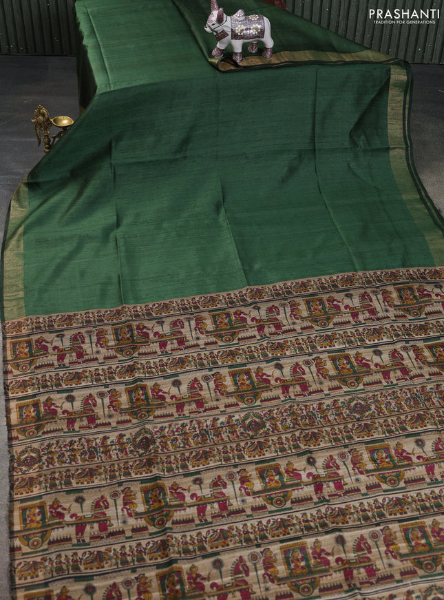 Pure dupion saree green and beige with plain body and kalamkari printed pallu & blouse