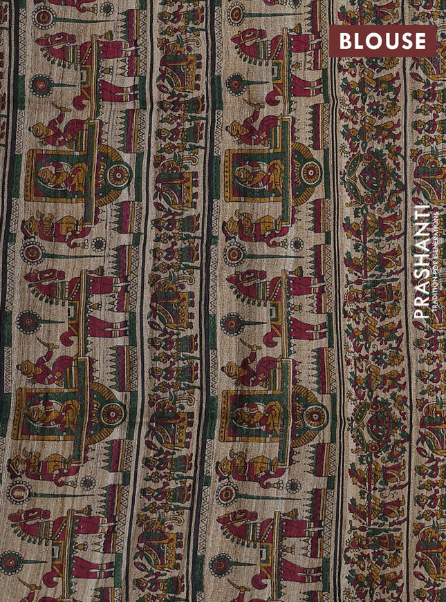 Pure dupion saree green and beige with plain body and kalamkari printed pallu & blouse