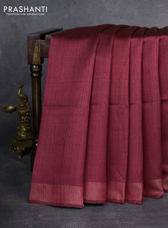 Pure dupion saree maroon and beige with plain body and kalamkari printed pallu & blouse