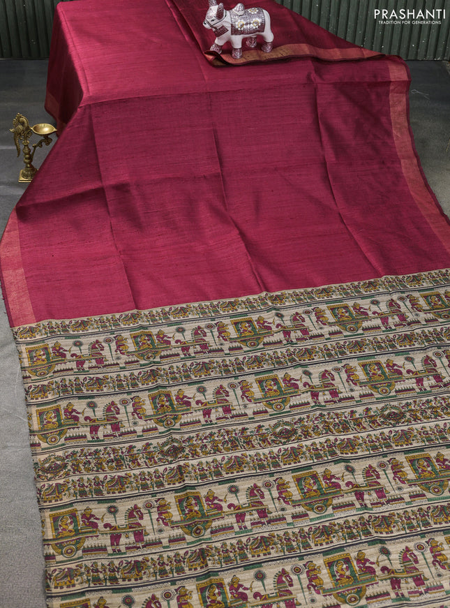 Pure dupion saree maroon and beige with plain body and kalamkari printed pallu & blouse