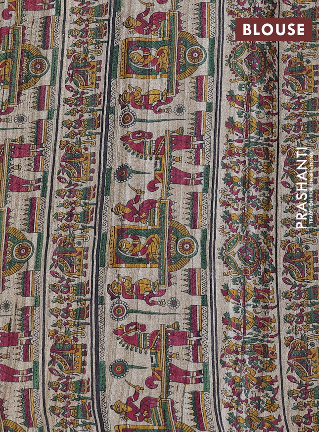 Pure dupion saree maroon and beige with plain body and kalamkari printed pallu & blouse