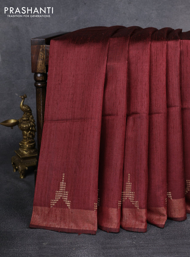 Pure dupion saree maroon and beige with plain body and kalamkari printed pallu & blouse