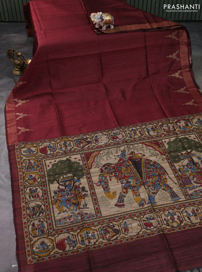 Pure dupion saree maroon and beige with plain body and kalamkari printed pallu & blouse