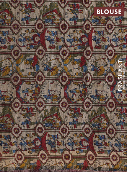 Pure dupion saree maroon and beige with plain body and kalamkari printed pallu & blouse