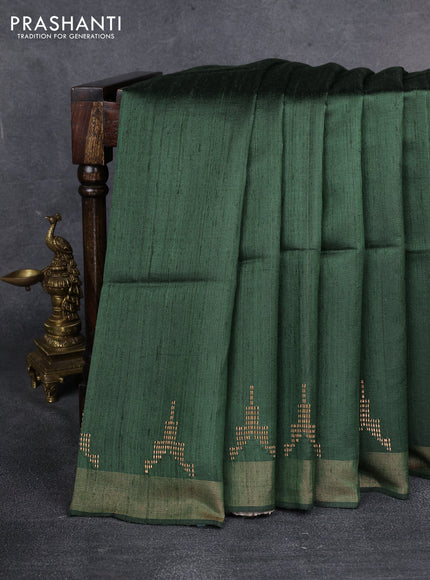 Pure dupion saree green and beige with plain body and kalamkari printed pallu & blouse