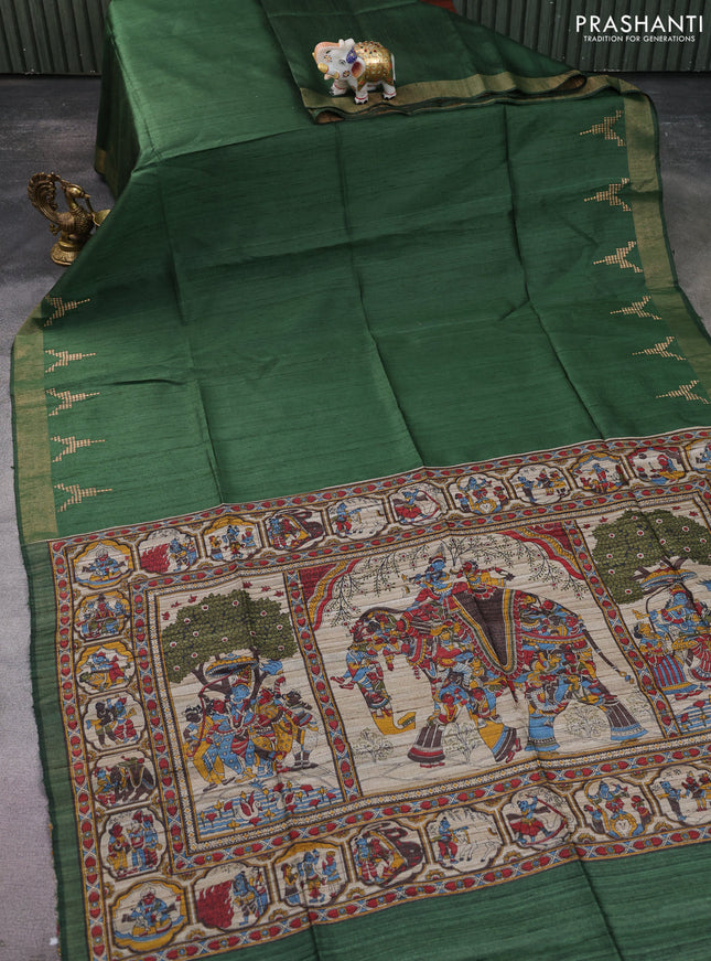 Pure dupion saree green and beige with plain body and kalamkari printed pallu & blouse