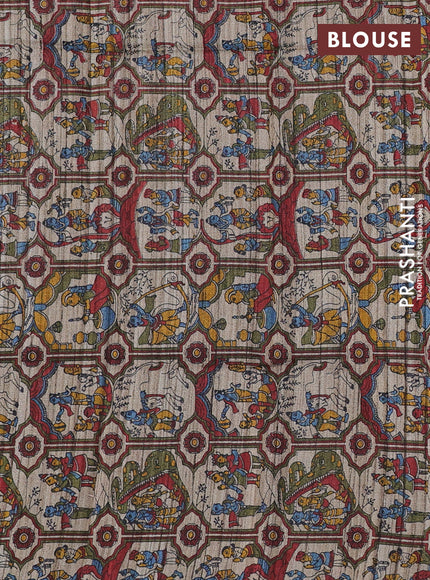 Pure dupion saree green and beige with plain body and kalamkari printed pallu & blouse