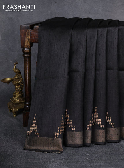 Pure dupion saree black and beige with plain body and kalamkari printed pallu & blouse