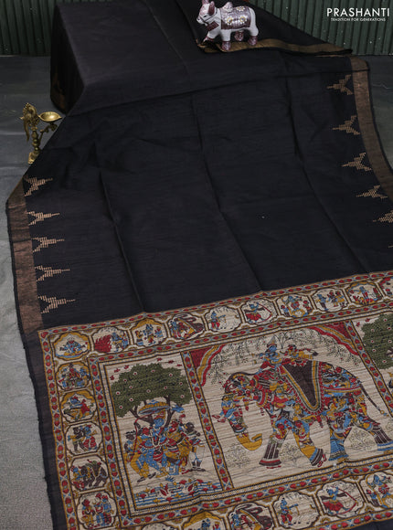 Pure dupion saree black and beige with plain body and kalamkari printed pallu & blouse