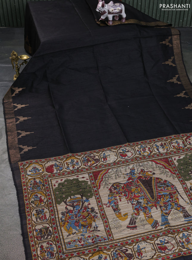 Pure dupion saree black and beige with plain body and kalamkari printed pallu & blouse