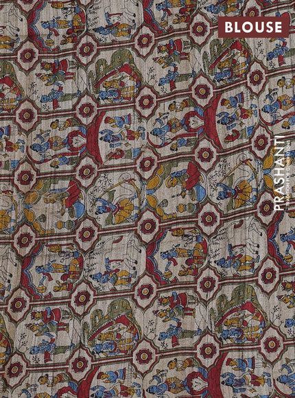 Pure dupion saree black and beige with plain body and kalamkari printed pallu & blouse