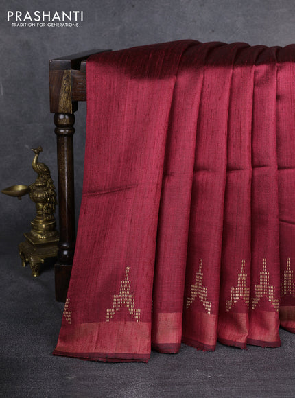 Pure dupion saree maroon and beige with plain body and kalamkari printed pallu & blouse