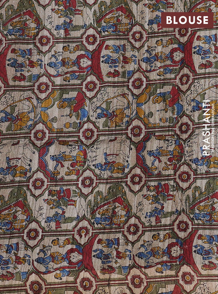 Pure dupion saree maroon and beige with plain body and kalamkari printed pallu & blouse