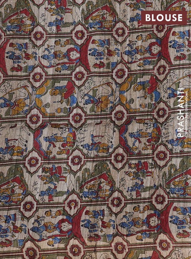 Pure dupion saree maroon and beige with plain body and kalamkari printed pallu & blouse