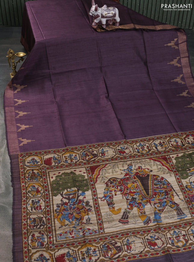 Pure dupion saree deep jamun and beige with plain body and kalamkari printed pallu & blouse