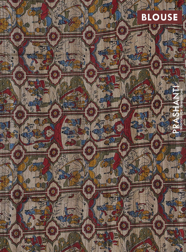 Pure dupion saree deep jamun and beige with plain body and kalamkari printed pallu & blouse