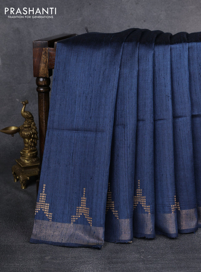 Pure dupion saree peacock blue and beige with plain body and kalamkari printed pallu & blouse