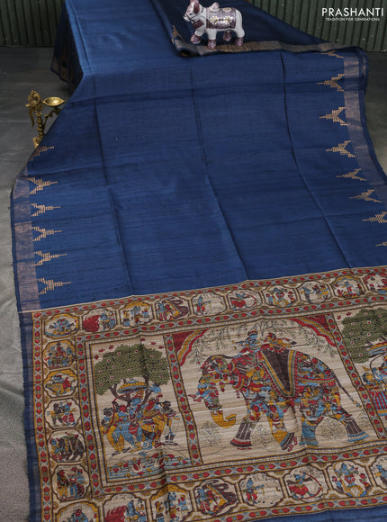 Pure dupion saree peacock blue and beige with plain body and kalamkari printed pallu & blouse