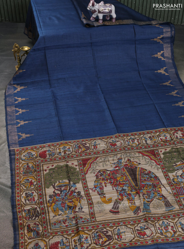 Pure dupion saree peacock blue and beige with plain body and kalamkari printed pallu & blouse