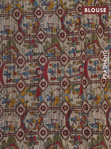 Pure dupion saree peacock blue and beige with plain body and kalamkari printed pallu & blouse