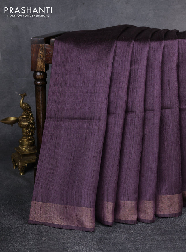 Pure dupion saree deep jamun and beige with plain body and kalamkari printed pallu & blouse