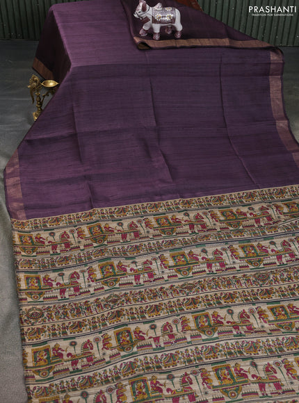 Pure dupion saree deep jamun and beige with plain body and kalamkari printed pallu & blouse