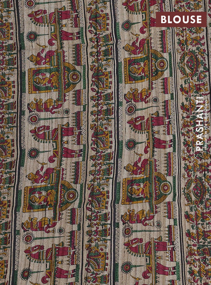 Pure dupion saree deep jamun and beige with plain body and kalamkari printed pallu & blouse