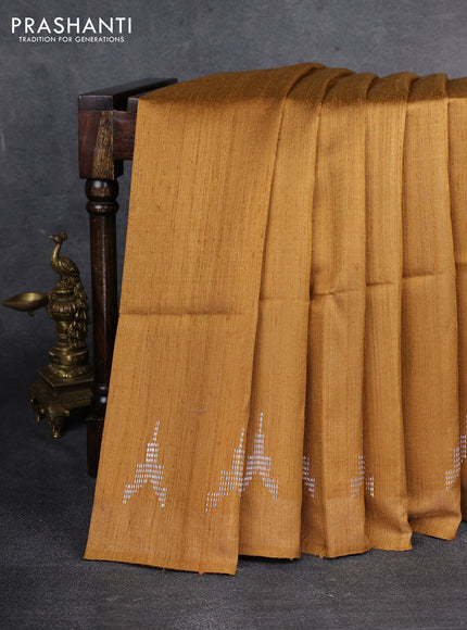 Pure dupion saree mustard yellow and beige with plain body and kalamkari printed pallu & blouse