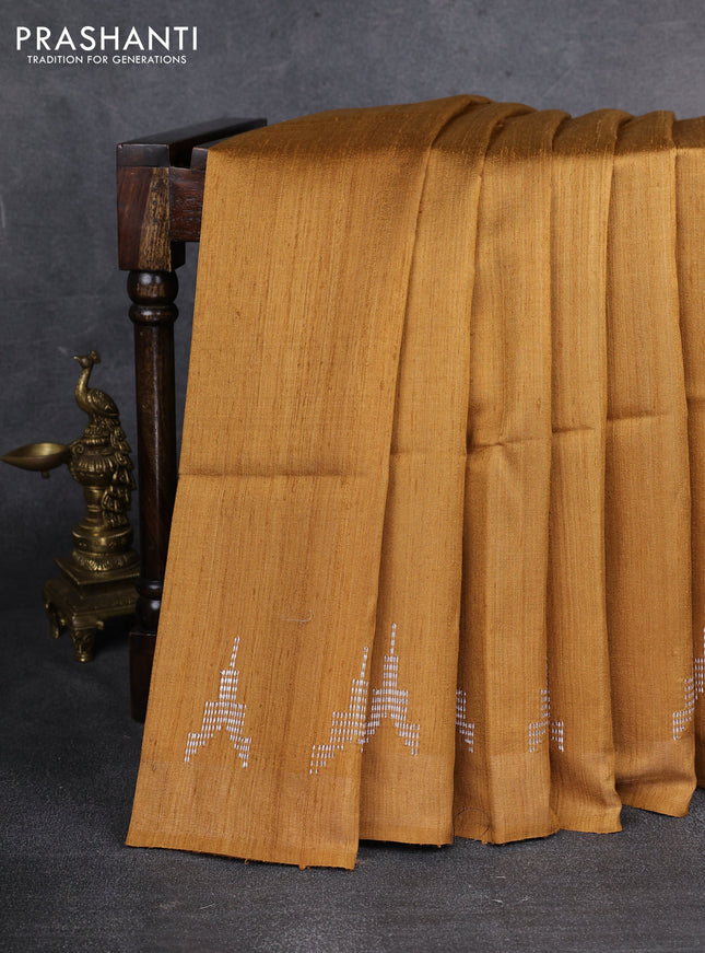 Pure dupion saree mustard yellow and beige with plain body and kalamkari printed pallu & blouse