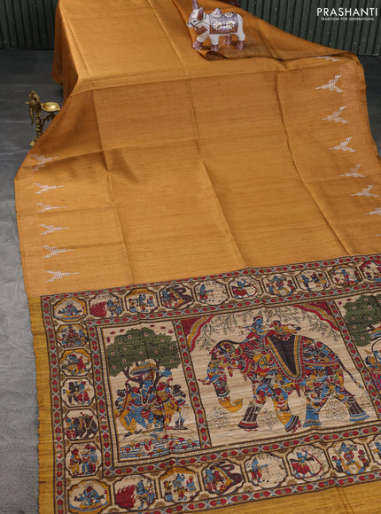 Pure dupion saree mustard yellow and beige with plain body and kalamkari printed pallu & blouse