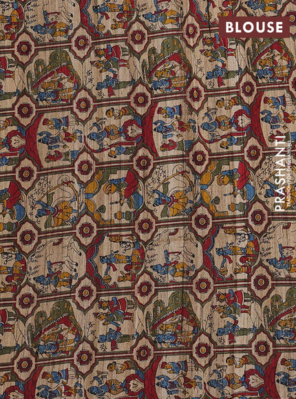 Pure dupion saree mustard yellow and beige with plain body and kalamkari printed pallu & blouse