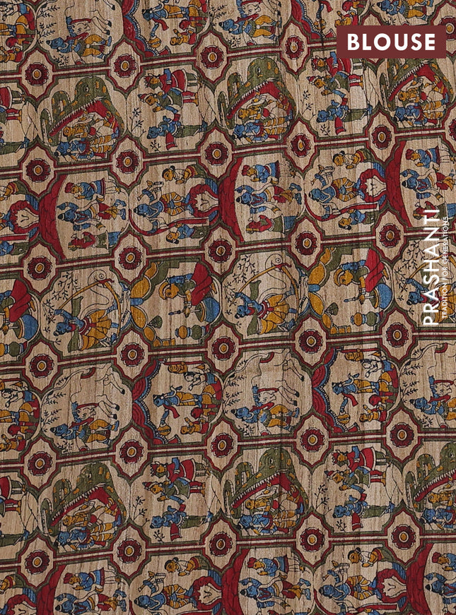 Pure dupion saree mustard yellow and beige with plain body and kalamkari printed pallu & blouse