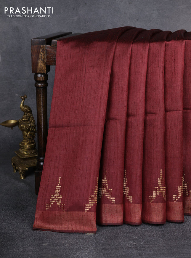 Pure dupion saree maroon and beige with plain body and madhubani printed pallu & blouse
