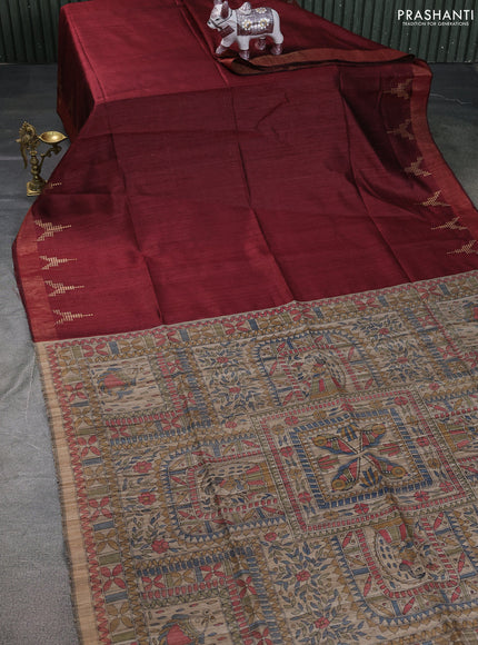 Pure dupion saree maroon and beige with plain body and madhubani printed pallu & blouse