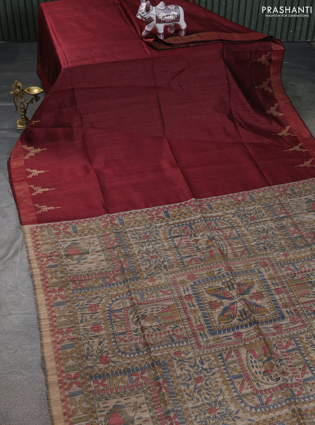 Pure dupion saree maroon and beige with plain body and madhubani printed pallu & blouse