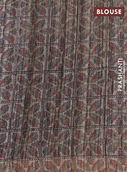 Pure dupion saree maroon and beige with plain body and madhubani printed pallu & blouse