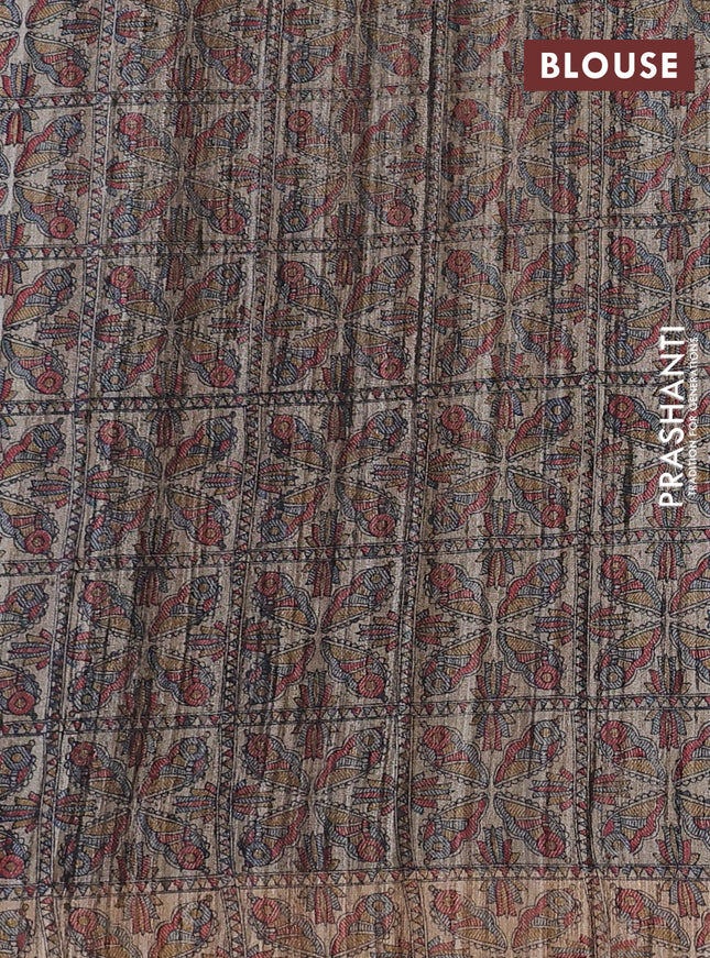 Pure dupion saree maroon and beige with plain body and madhubani printed pallu & blouse