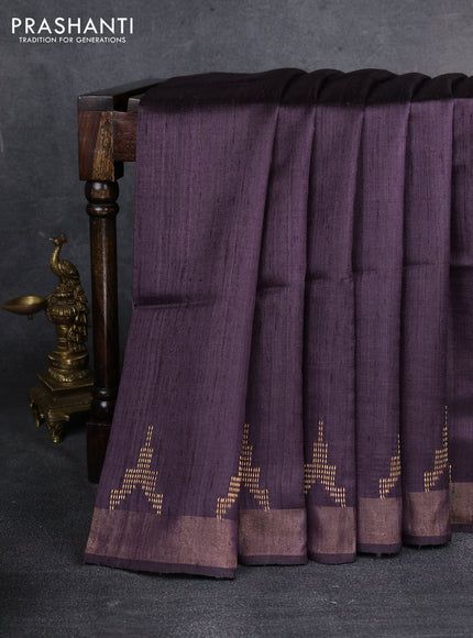 Pure dupion saree deep jamun and beige with plain body and madhubani printed pallu & blouse