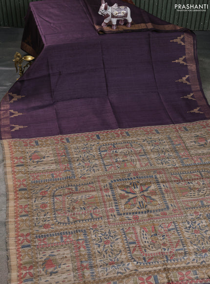 Pure dupion saree deep jamun and beige with plain body and madhubani printed pallu & blouse