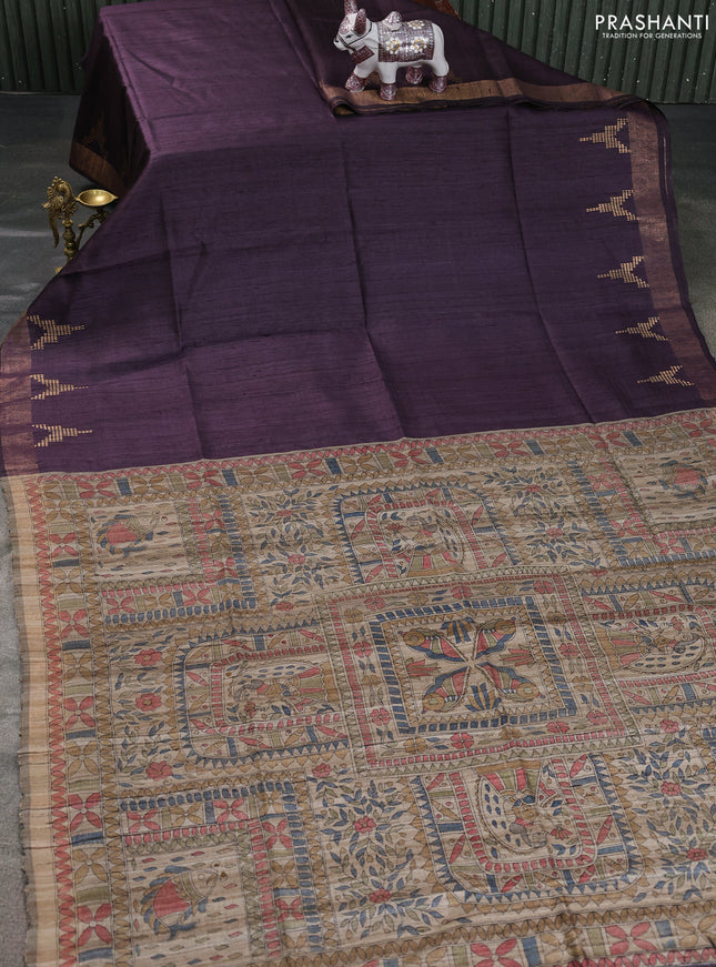 Pure dupion saree deep jamun and beige with plain body and madhubani printed pallu & blouse