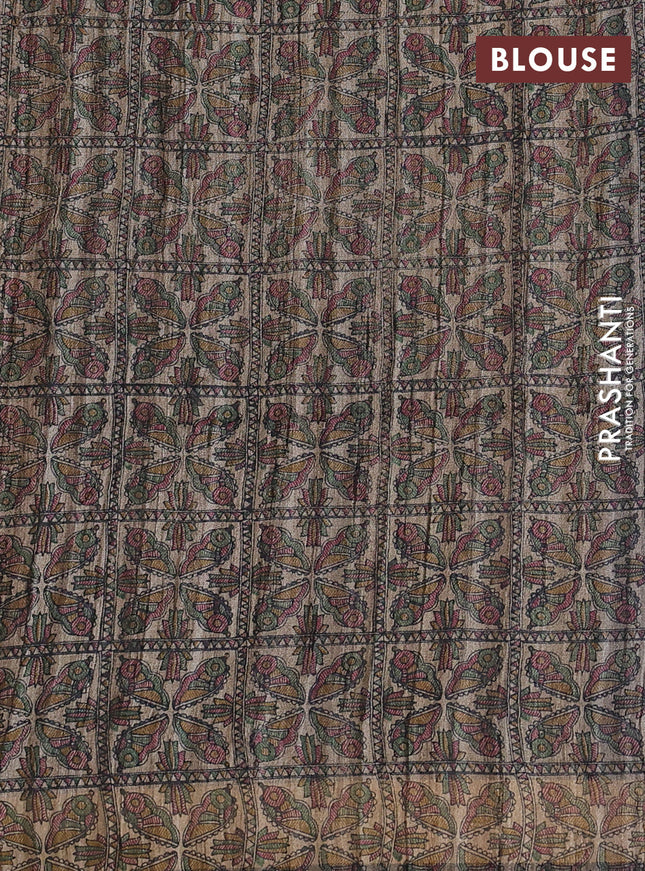 Pure dupion saree deep jamun and beige with plain body and madhubani printed pallu & blouse