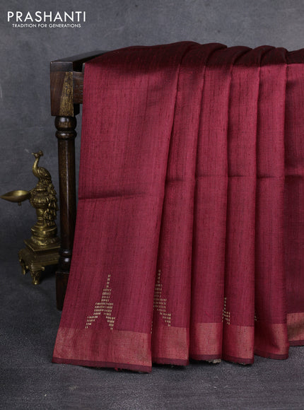 Pure dupion saree maroon and beige with plain body and madhubani printed pallu & blouse