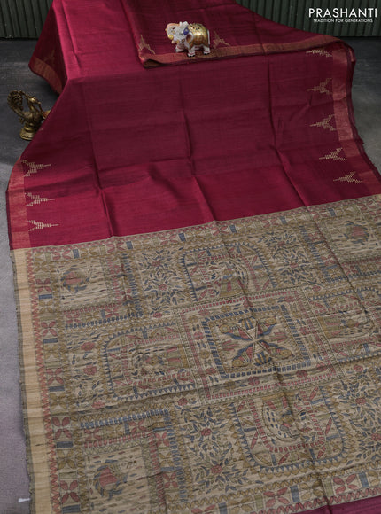 Pure dupion saree maroon and beige with plain body and madhubani printed pallu & blouse