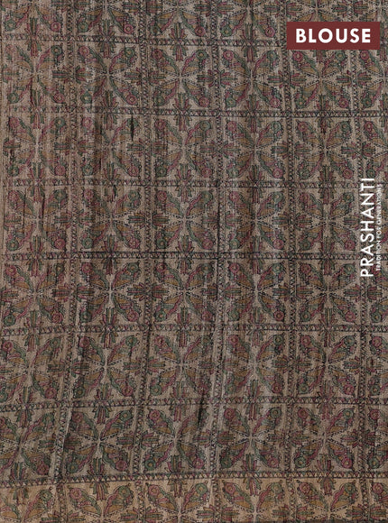 Pure dupion saree maroon and beige with plain body and madhubani printed pallu & blouse