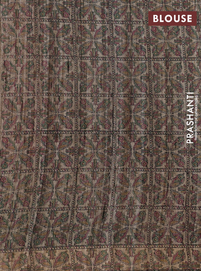 Pure dupion saree maroon and beige with plain body and madhubani printed pallu & blouse