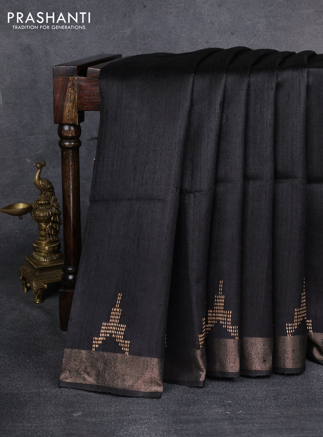 Pure dupion saree black and beige with plain body and madhubani printed pallu & blouse